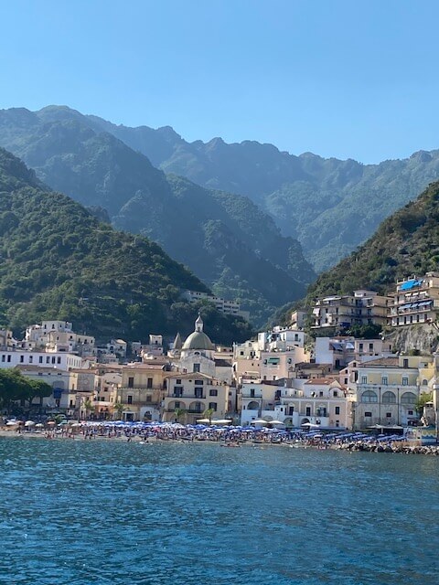 View of Amalfi coast town from the sea
