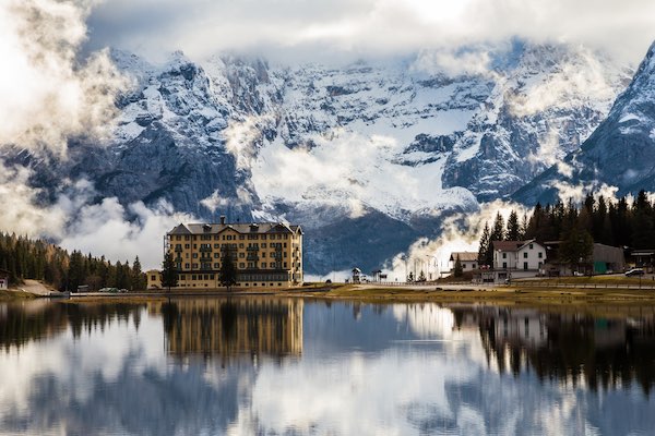 Lake Misurina in winter with snowy mountains