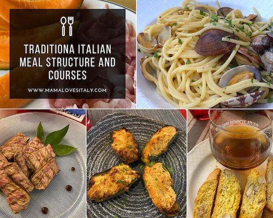 traditional italial meal structure with 5 courses in photo