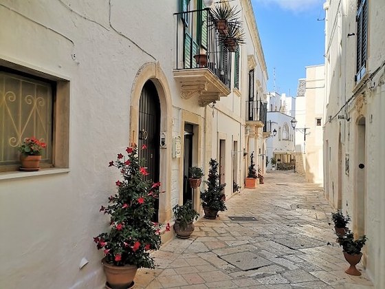 Locorotondo street with pretty vases, Puglia