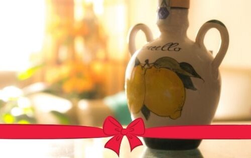 limoncello bottle with red gift bow