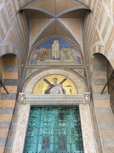 Detail of facade of Amalfi Duomo, Amalfi town, Italy