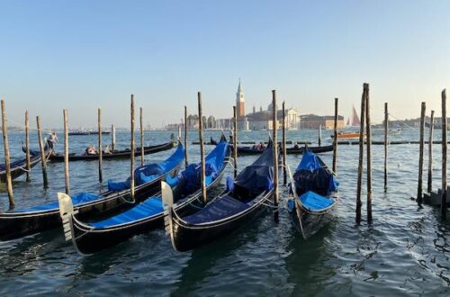 Venice gondolas with view of San Giorgio church in the background