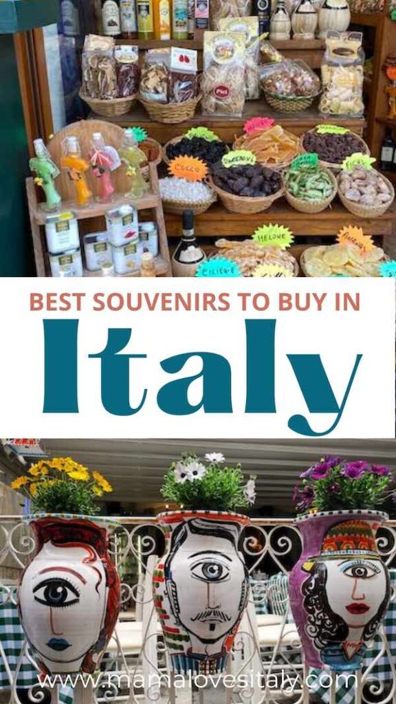 Photo collage of Italian pottery and specialty food with text: best Italy souvenirs