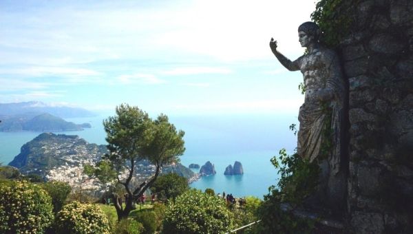 View of Capri Italy with statue on the right hand site