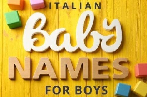 Wooden letters spellin Italian baby names for boys against yellow wooden background
