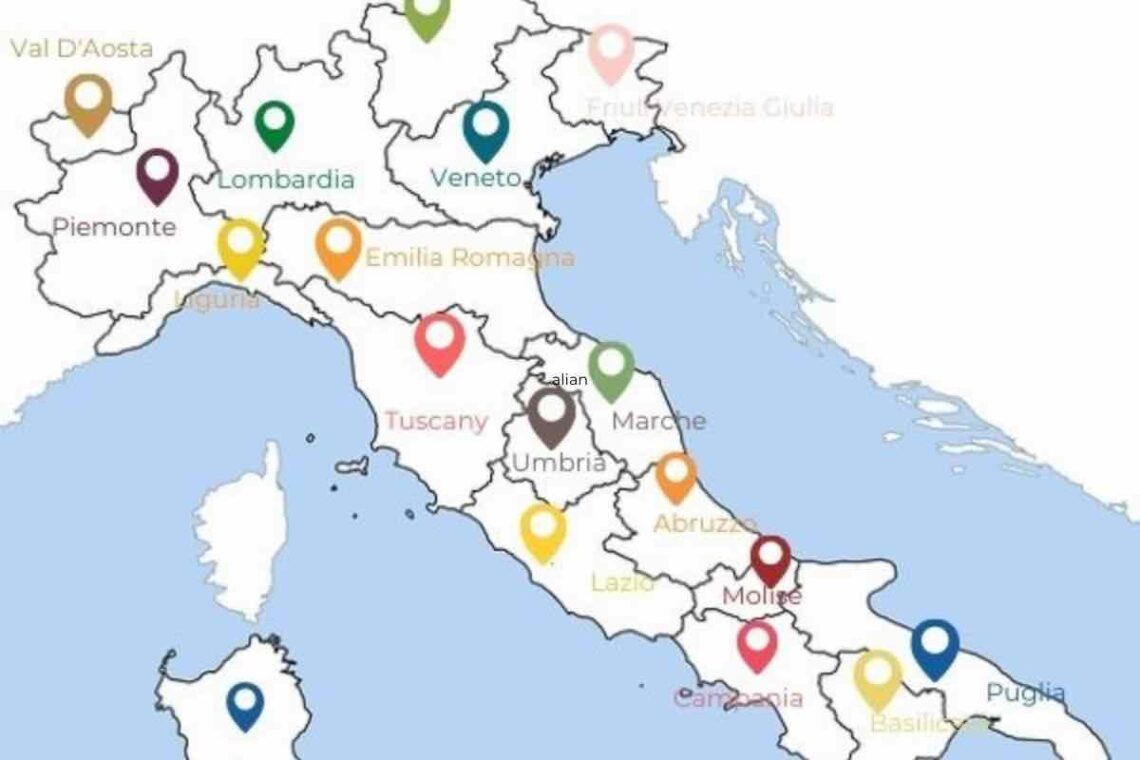 map with names of Italian regions