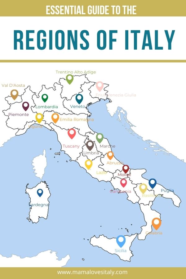 Graphic with Italian regions and colored map pins with name of each