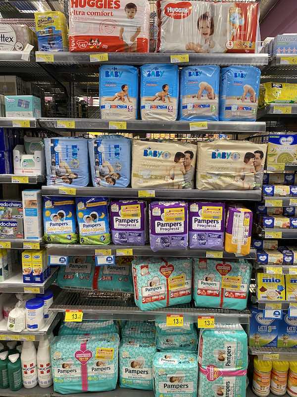 shelf with diapers in Italian supermarkets