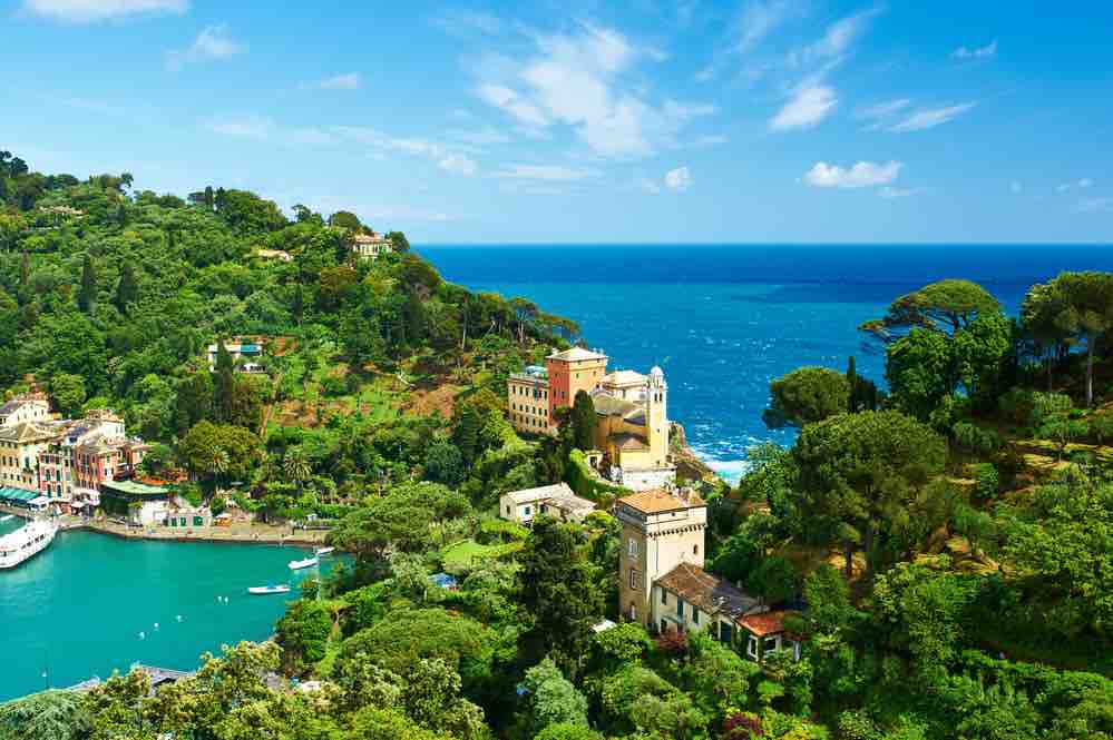 Coastal view pf Portofino, Liguris with sea, greenery and boats