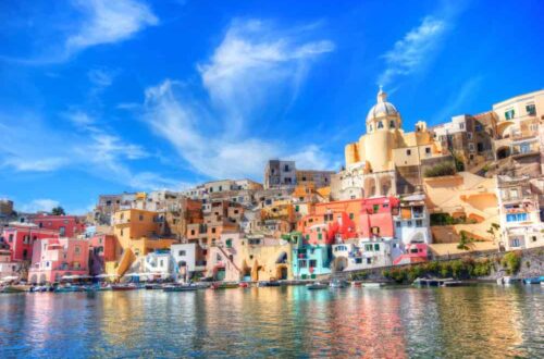 Colorful houses of Procida island from the sea