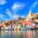 Colorful houses of Procida island from the sea