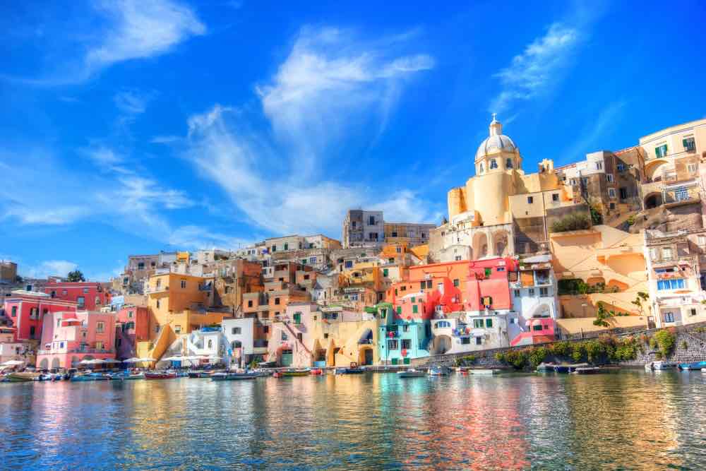 Colorful houses of Procida island from the sea