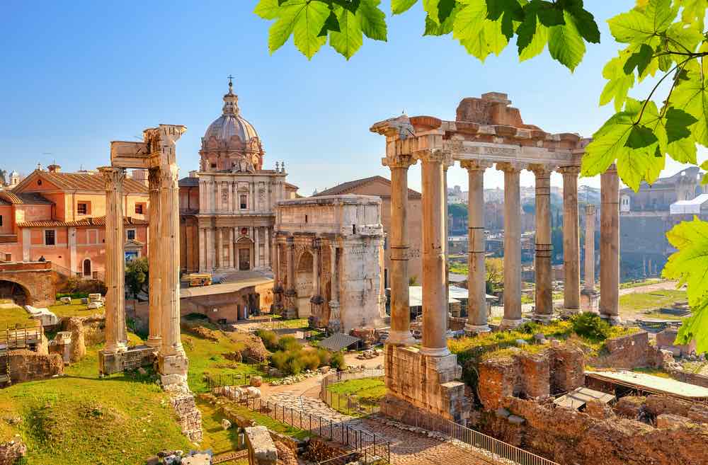 Roman forum ruins in spring