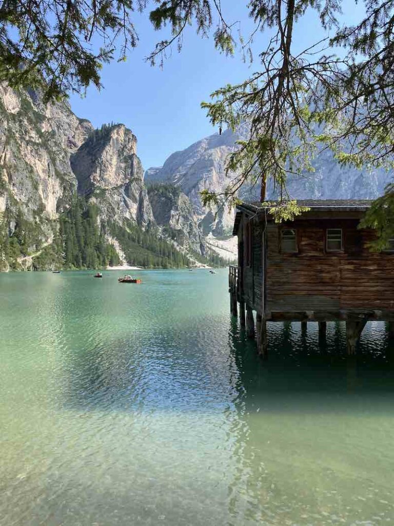 wooden hut on stilts on Lake Braies / Lago di Braies, Italy