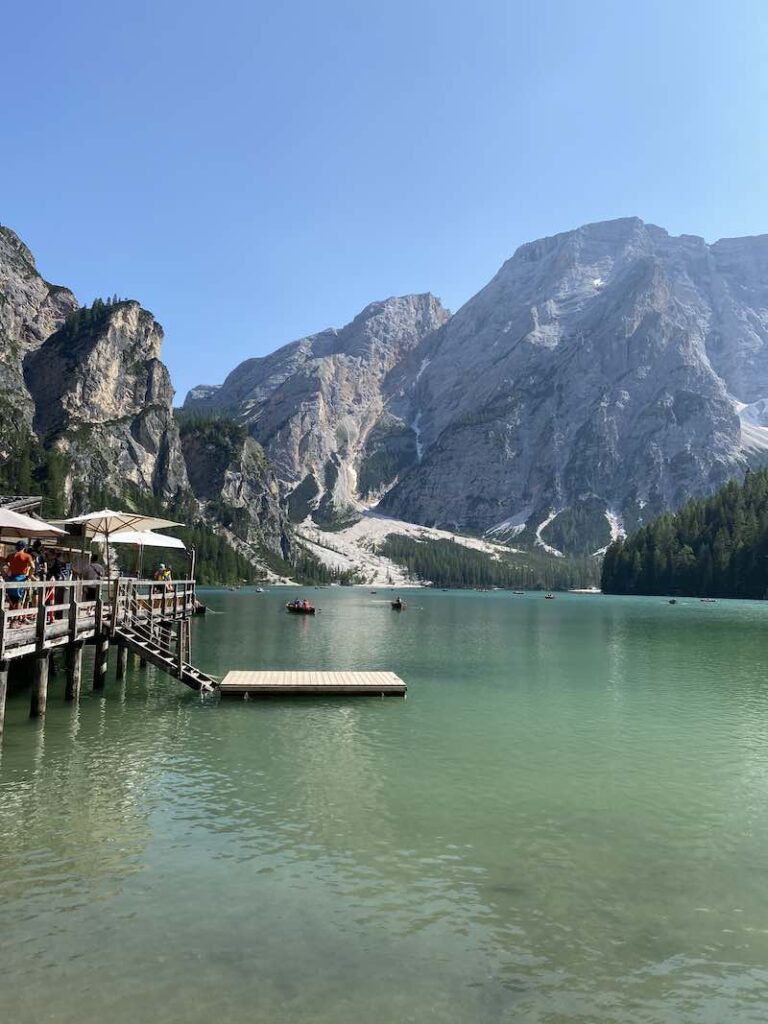 Lake Braies with people on rowing boats