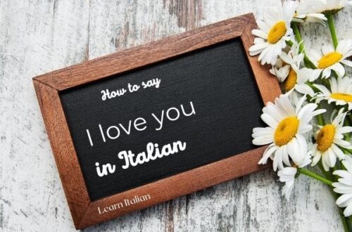 Blackboard with 'how to say I love you in Italian' written on it and daisies beside it