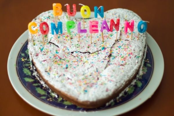 Birthday cake with colorful candles spelling Buon Compleanno