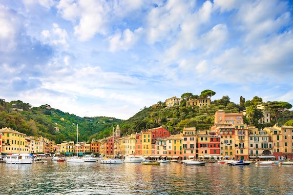 View of Portofino Italy and its colorful houses from the sea