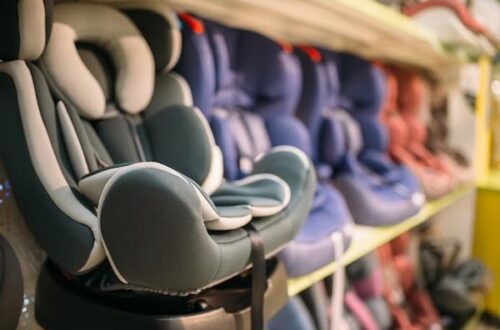 Baby car seats in a baby shop