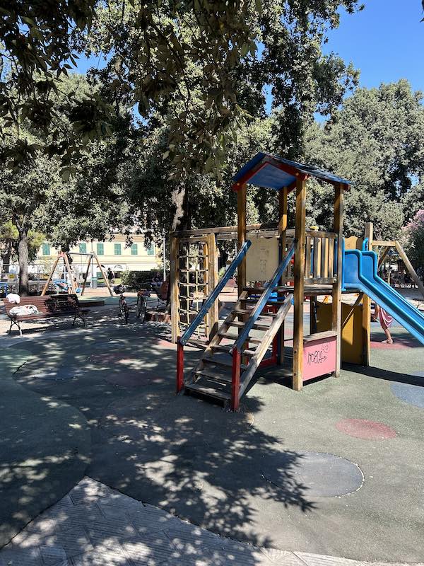 Kids' climbing frames in the playground in Levanto