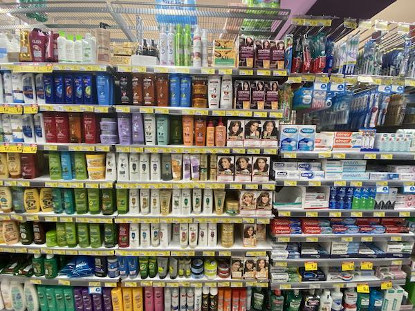 Shelves with personal hygiene items in Italian larger grocery store