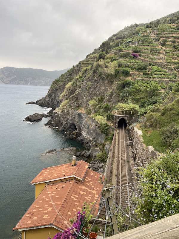 Railway line in Cinque Terre from a high spot on the coast