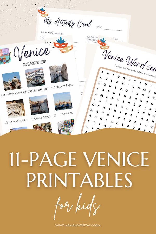 Image of Venice printables (scavenger hunt, activity sheet, word search) with tect: 11 page Venice printables for kids by Mama Loves Italy