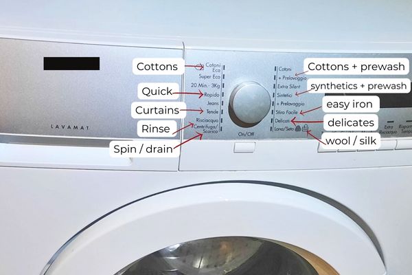 Close up of the control panel of a washing machine in Italy with my translations into English of the different settings