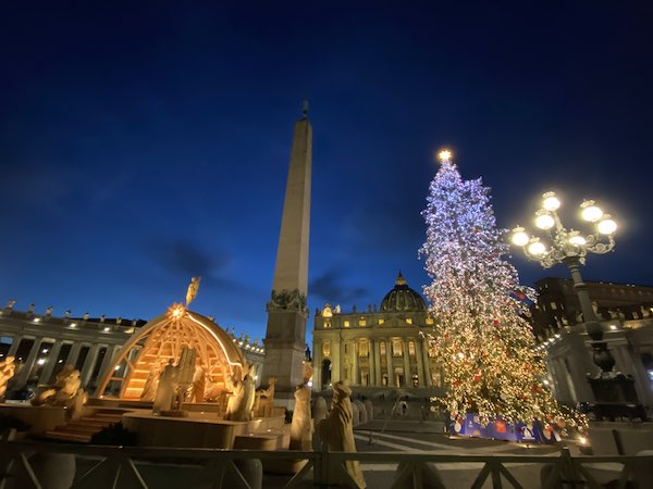 St Peter's Square in Rome at Christmas with Christmas tree and nativity scene 