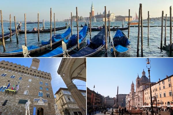 Photo collage with image of Venice Gondolas, Florence Palazzo vecchio and Rome PIazza Navona