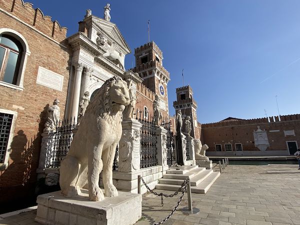 Large statues of Lions in front of Venice arsenal in Castello neighborhood