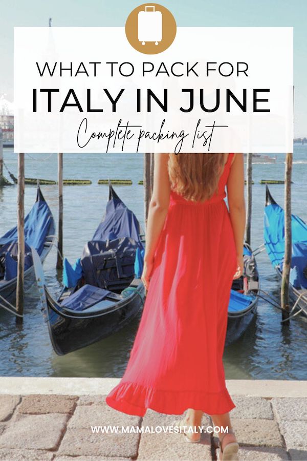 Woman in red summer dress in Venice with text: what to pack for Italy in June complete packing list 