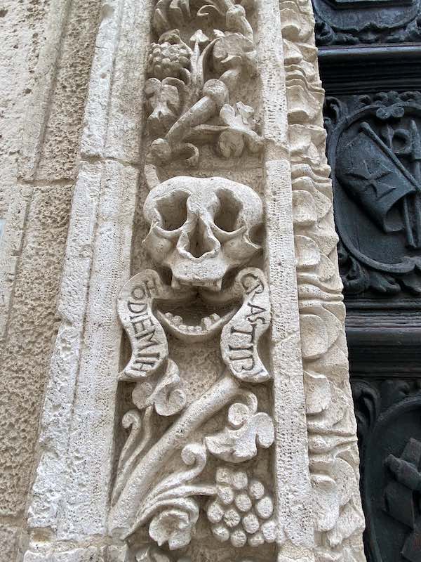 Detail of skull carvings on the facade of Monopoli church 