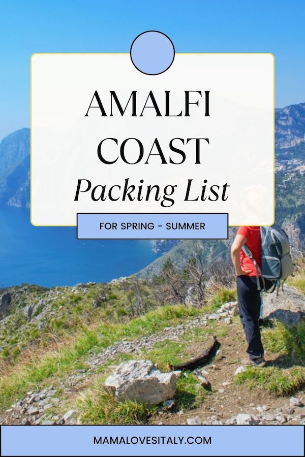 Woman hiking on Amalfi Coast hiking path with text Amalfo Coast packing list for spring summer