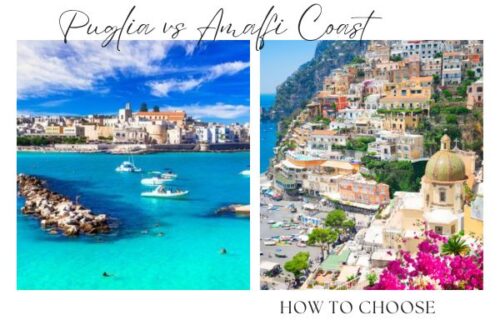 Image of Ostuni (Puglia) and Positano (Amalfi Coast) with text Puglia vs Amalfi Coast how to choose