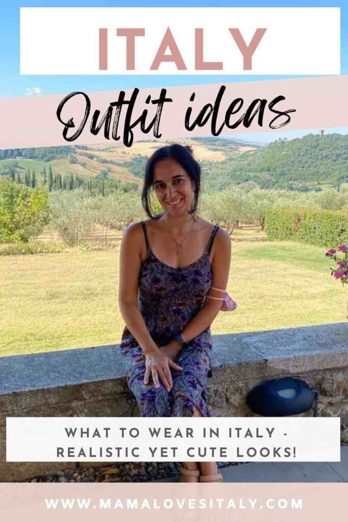 A photo of me wearing a summer dress in Italy with overlay text Italy outfits ideas, what to wear in Italy realistic yet cute looks